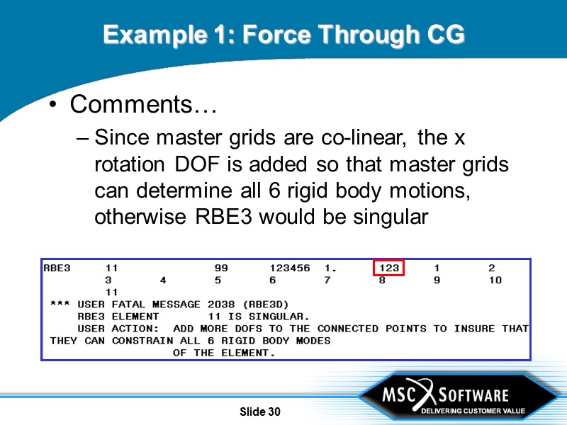 Slide 30 Example 1: Force Through CG  Comments… Since master grids are co-linear,